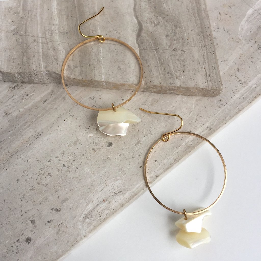 Gold Hoops W/ Mother Of Pearl Dangles Earrings